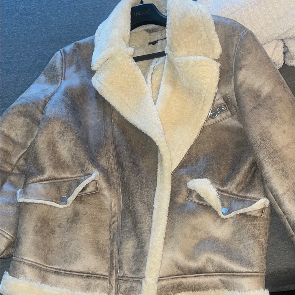 INC International Concepts Cream and Tan Shearling Jacket
